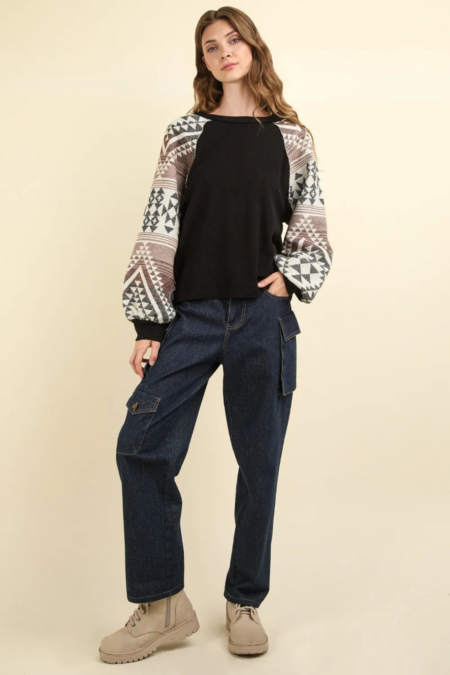 VERY J Printed Long Sleeve Round Neck Knit Top-Blouses-Trendsi-[option4]-[option5]-[option6]-[option7]-[option8]-Shop-Boutique-Clothing-for-Women-Online