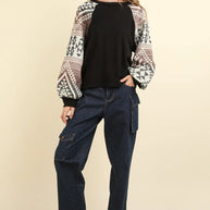 VERY J Printed Long Sleeve Round Neck Knit Top-Blouses-Trendsi-[option4]-[option5]-[option6]-[option7]-[option8]-Shop-Boutique-Clothing-for-Women-Online