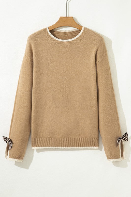 Leopard Bow Split Cuff Contrast Trim Sweater-JUNIPER BLVD-[option4]-[option5]-[option6]-[option7]-[option8]-Shop-Boutique-Clothing-for-Women-Online