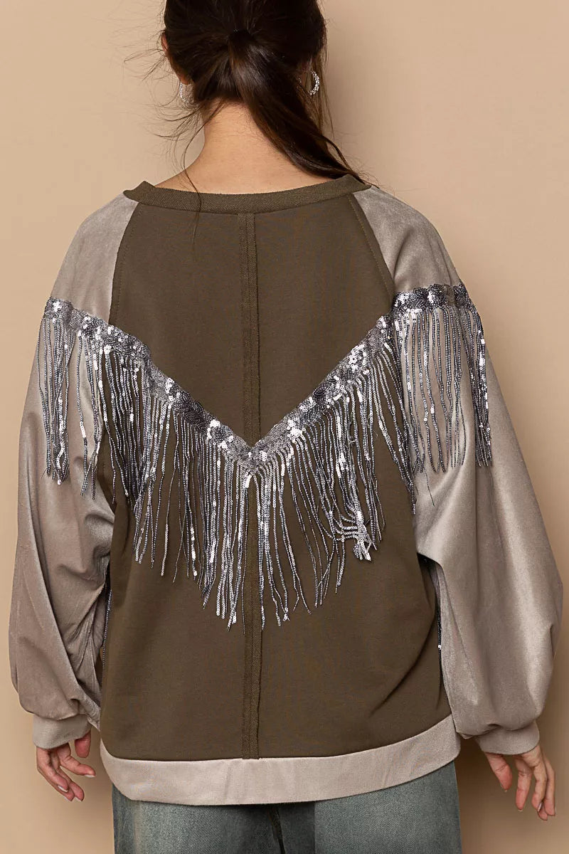 POL Balloon Sleeve French Terry Sweatshirt with Sequin Tassel-Sweatshirts-Trendsi-[option4]-[option5]-[option6]-[option7]-[option8]-Shop-Boutique-Clothing-for-Women-Online