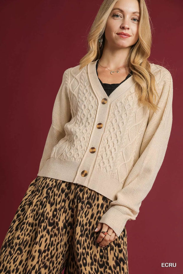Umgee Chunky Cable Knit V-Neck Button-Up Cardigan-Cardigan-Trendsi-ECRU-S-[option4]-[option5]-[option6]-[option7]-[option8]-Shop-Boutique-Clothing-for-Women-Online