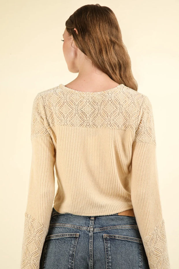VERY J V-Neck Lace Detail Button Down Crop Ribbed Knit Top-Crop Tops-Trendsi-[option4]-[option5]-[option6]-[option7]-[option8]-Shop-Boutique-Clothing-for-Women-Online