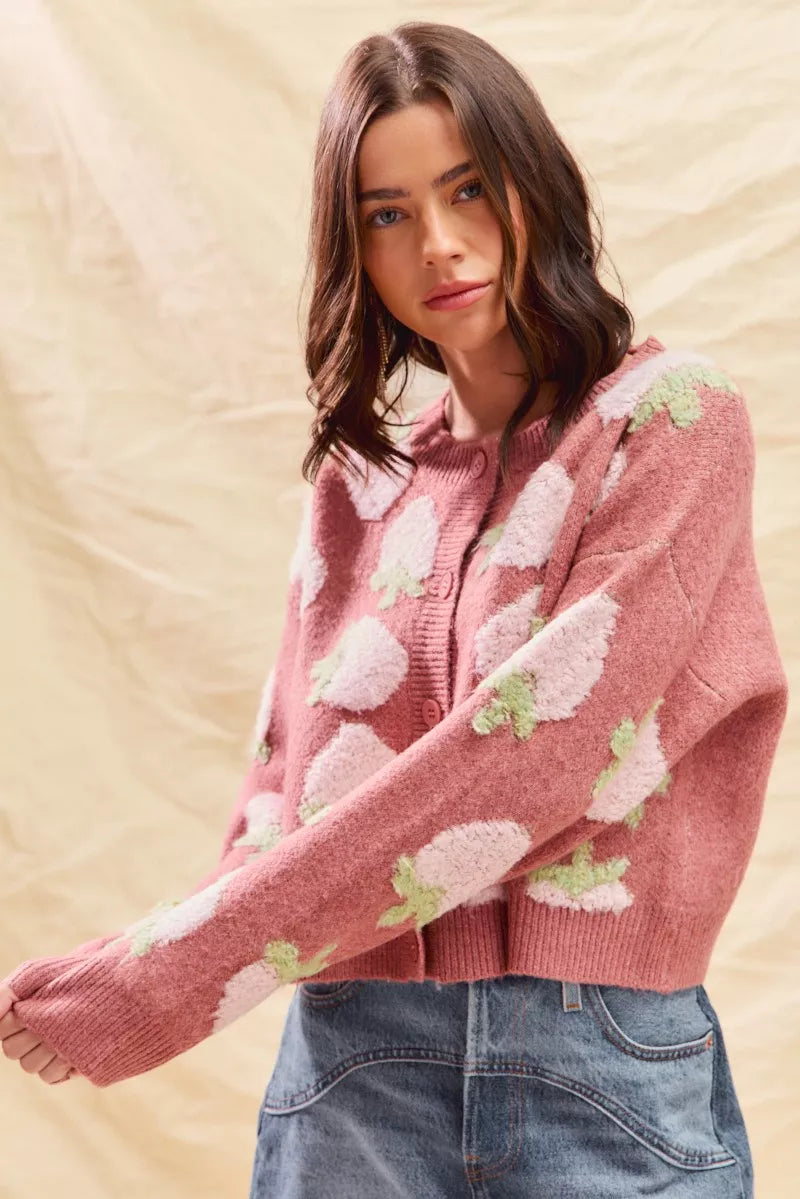SO ME Strawberry Fruit All Over Button Sweater Cardigan-Cardigan-Trendsi-[option4]-[option5]-[option6]-[option7]-[option8]-Shop-Boutique-Clothing-for-Women-Online