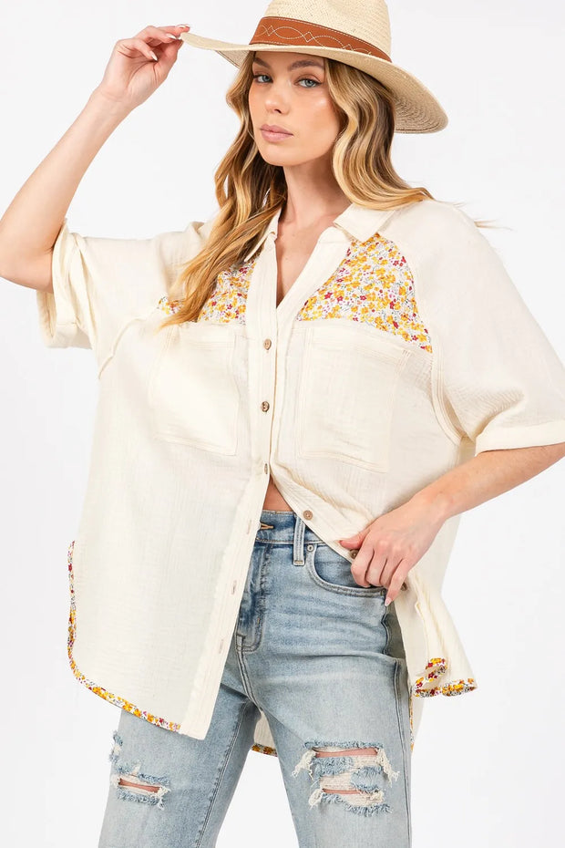 SAGE + FIG Full Size Floral Detail Button Up Short Sleeve Shirt-Tops-Trendsi-Ivory-S-[option4]-[option5]-[option6]-[option7]-[option8]-Shop-Boutique-Clothing-for-Women-Online