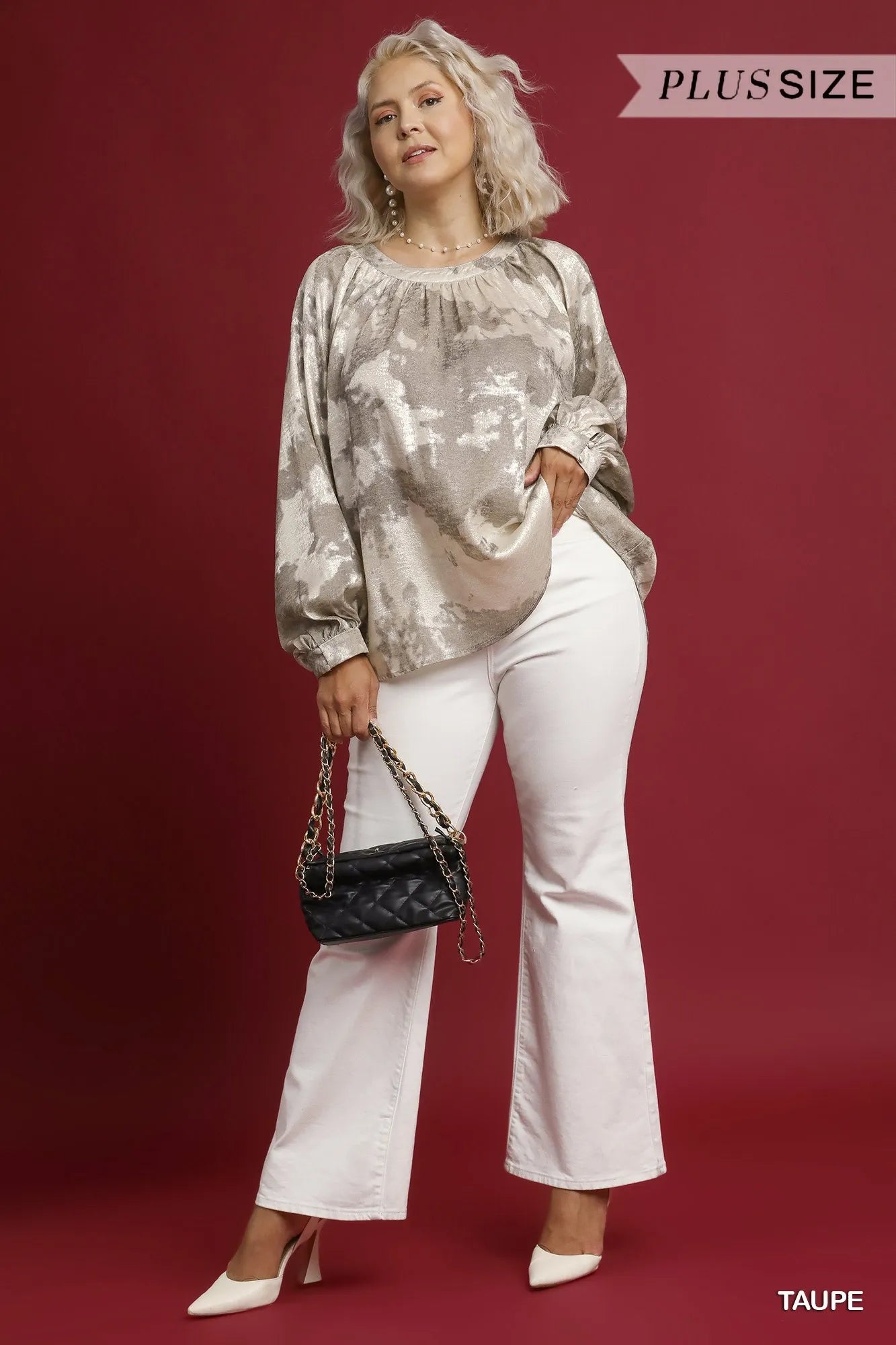 Umgee Full Size Metallic Fabric Blouse with Balloon Sleeves-Blouses-Trendsi-[option4]-[option5]-[option6]-[option7]-[option8]-Shop-Boutique-Clothing-for-Women-Online
