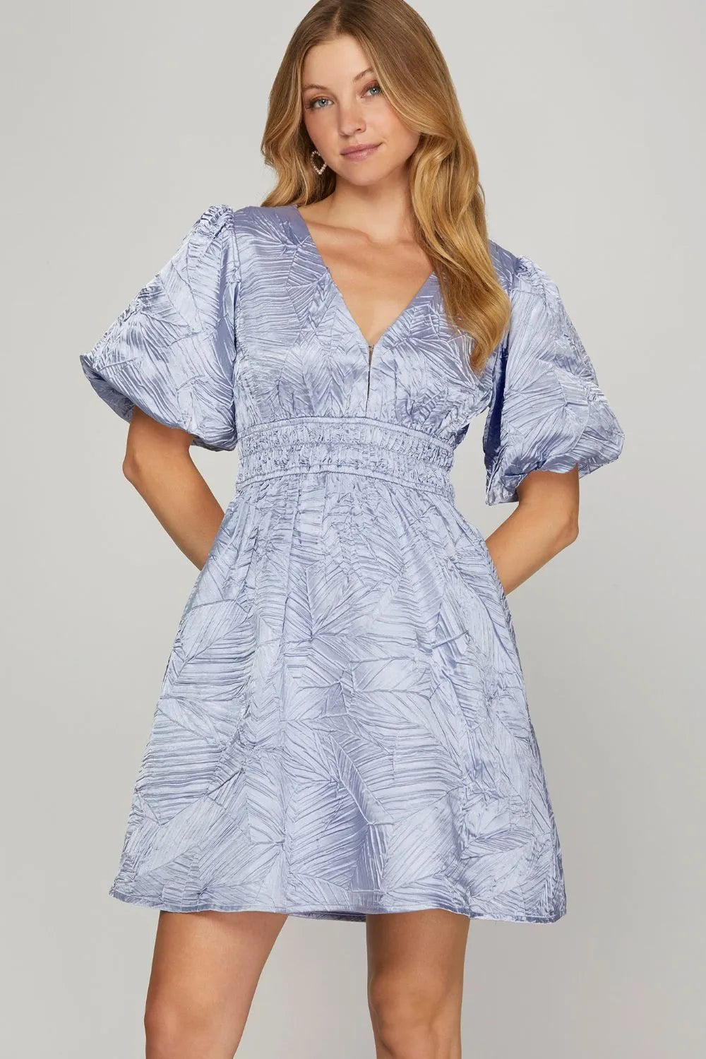 She + Sky Crinkle Woven V-Neck Balloon Sleeve Mini Dress-Dresses-Trendsi-Light Blue-S-[option4]-[option5]-[option6]-[option7]-[option8]-Shop-Boutique-Clothing-for-Women-Online