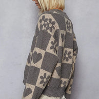 POL V-Neck Heart Pattern Checkered Sweater-Sweaters-Trendsi-[option4]-[option5]-[option6]-[option7]-[option8]-Shop-Boutique-Clothing-for-Women-Online