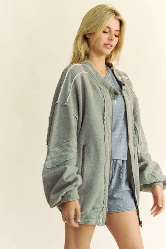 Davi & Dani Exposed Seam Zip Up Dropped Shoulder Jacket-Jacket-Trendsi-[option4]-[option5]-[option6]-[option7]-[option8]-Shop-Boutique-Clothing-for-Women-Online