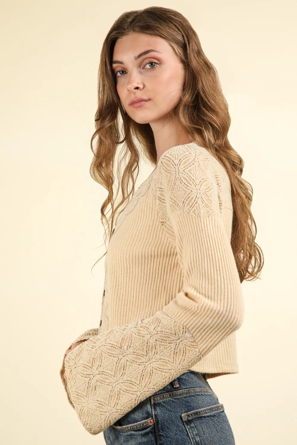 VERY J V-Neck Lace Detail Button Down Crop Ribbed Knit Top-Crop Tops-Trendsi-[option4]-[option5]-[option6]-[option7]-[option8]-Shop-Boutique-Clothing-for-Women-Online
