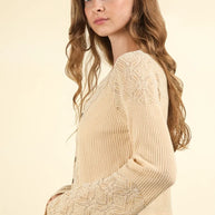 VERY J V-Neck Lace Detail Button Down Crop Ribbed Knit Top-Crop Tops-Trendsi-[option4]-[option5]-[option6]-[option7]-[option8]-Shop-Boutique-Clothing-for-Women-Online