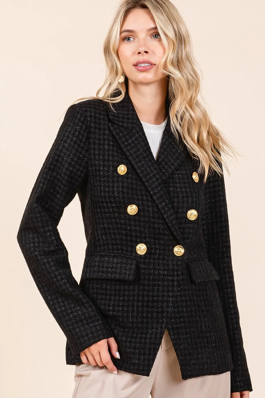 Mittoshop Plaid Texture Double-Breasted Long Sleeve Blazer-Blazers-Trendsi-Black-S-[option4]-[option5]-[option6]-[option7]-[option8]-Shop-Boutique-Clothing-for-Women-Online