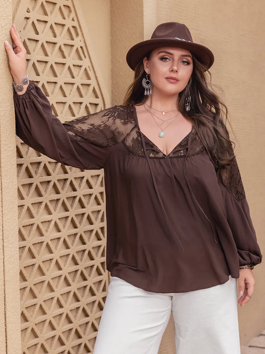Plus Size Lace Detail Tie Neck Long Sleeve Blouse-Blouses-Trendsi-[option4]-[option5]-[option6]-[option7]-[option8]-Shop-Boutique-Clothing-for-Women-Online