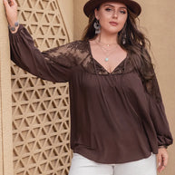Plus Size Lace Detail Tie Neck Long Sleeve Blouse-Blouses-Trendsi-[option4]-[option5]-[option6]-[option7]-[option8]-Shop-Boutique-Clothing-for-Women-Online