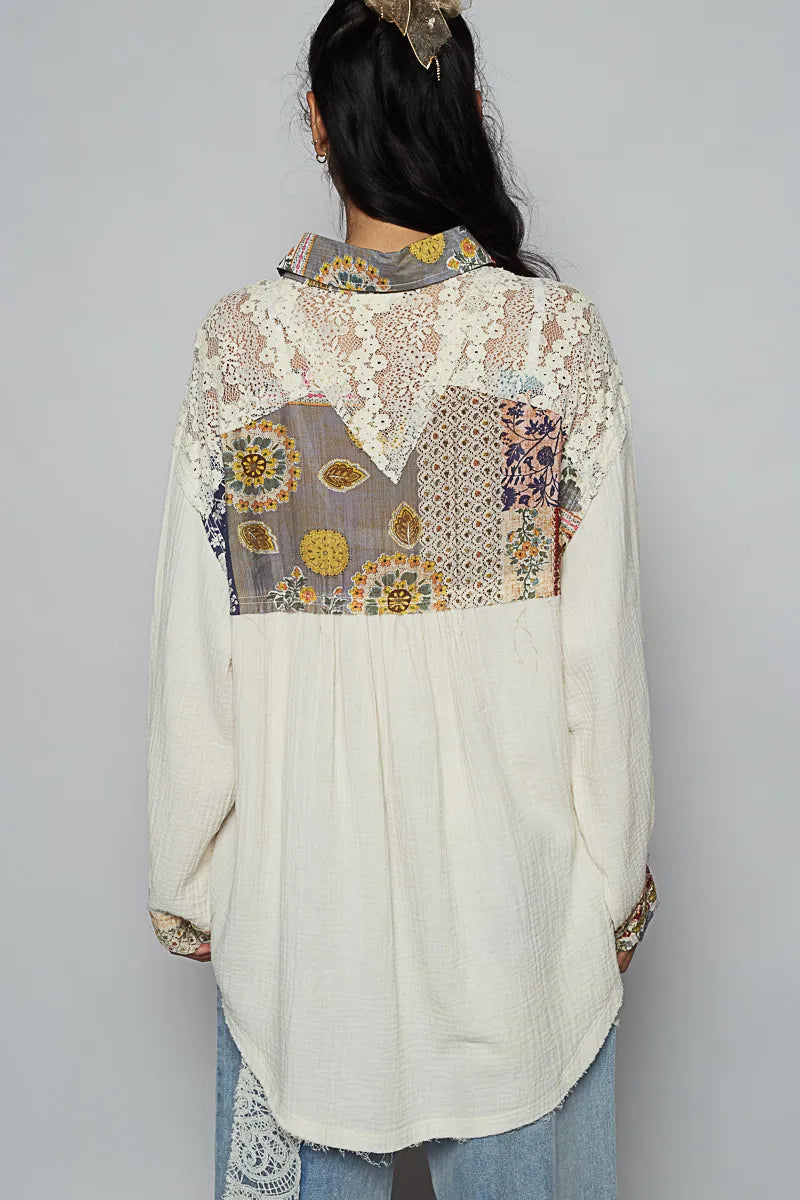 POL Lace Patchwork Floral Trim Long Sleeve Shirt-Shirts-Trendsi-[option4]-[option5]-[option6]-[option7]-[option8]-Shop-Boutique-Clothing-for-Women-Online
