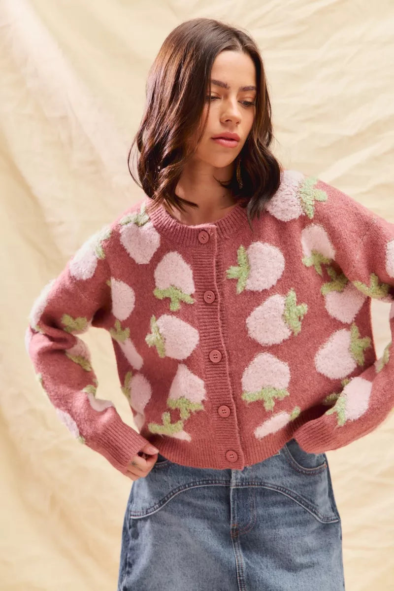 SO ME Strawberry Fruit All Over Button Sweater Cardigan-Cardigan-Trendsi-[option4]-[option5]-[option6]-[option7]-[option8]-Shop-Boutique-Clothing-for-Women-Online