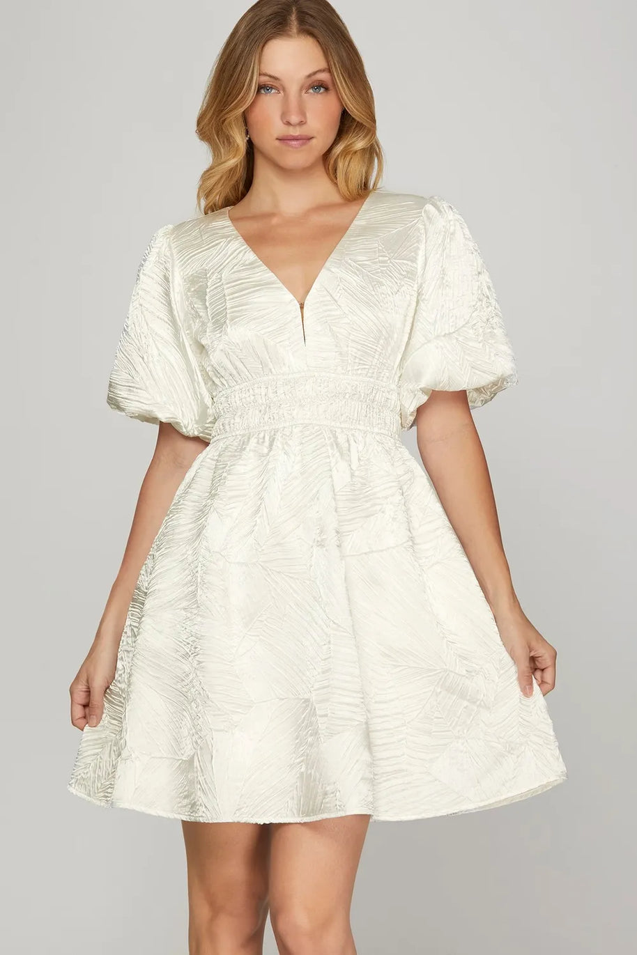 She + Sky Crinkle Woven V-Neck Balloon Sleeve Mini Dress-Dresses-Trendsi-OFF WHITE-S-[option4]-[option5]-[option6]-[option7]-[option8]-Shop-Boutique-Clothing-for-Women-Online