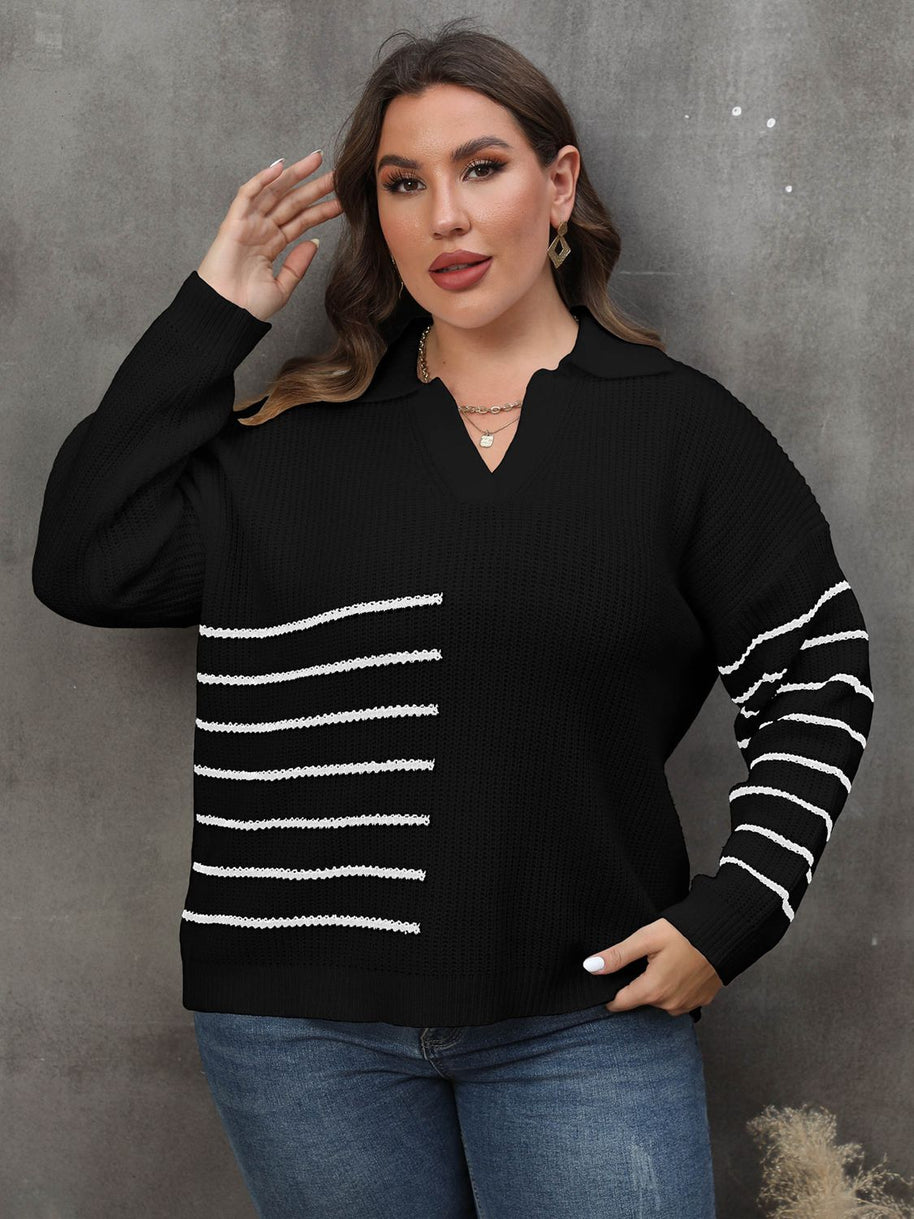 Plus Size Striped V-Neck Sweater-Sweaters-Trendsi-Black-0XL-[option4]-[option5]-[option6]-[option7]-[option8]-Shop-Boutique-Clothing-for-Women-Online
