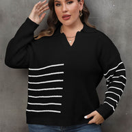 Plus Size Striped V-Neck Sweater-Sweaters-Trendsi-Black-0XL-[option4]-[option5]-[option6]-[option7]-[option8]-Shop-Boutique-Clothing-for-Women-Online