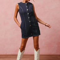 SO ME Button Up Front Washed Denim Sleeveless Romper-Rompers-Trendsi-[option4]-[option5]-[option6]-[option7]-[option8]-Shop-Boutique-Clothing-for-Women-Online