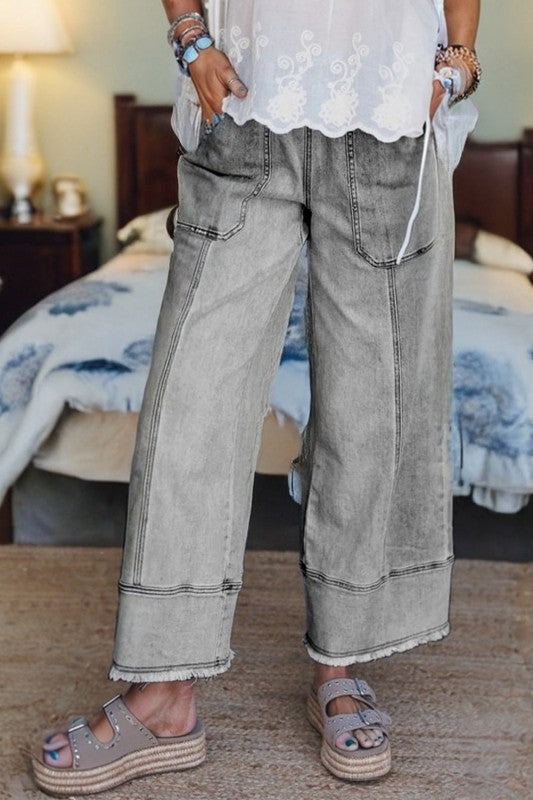 Denim Raw Hem Drawstring Wide Leg Pants-JUNIPER BLVD-Gray-4-[option4]-[option5]-[option6]-[option7]-[option8]-Shop-Boutique-Clothing-for-Women-Online