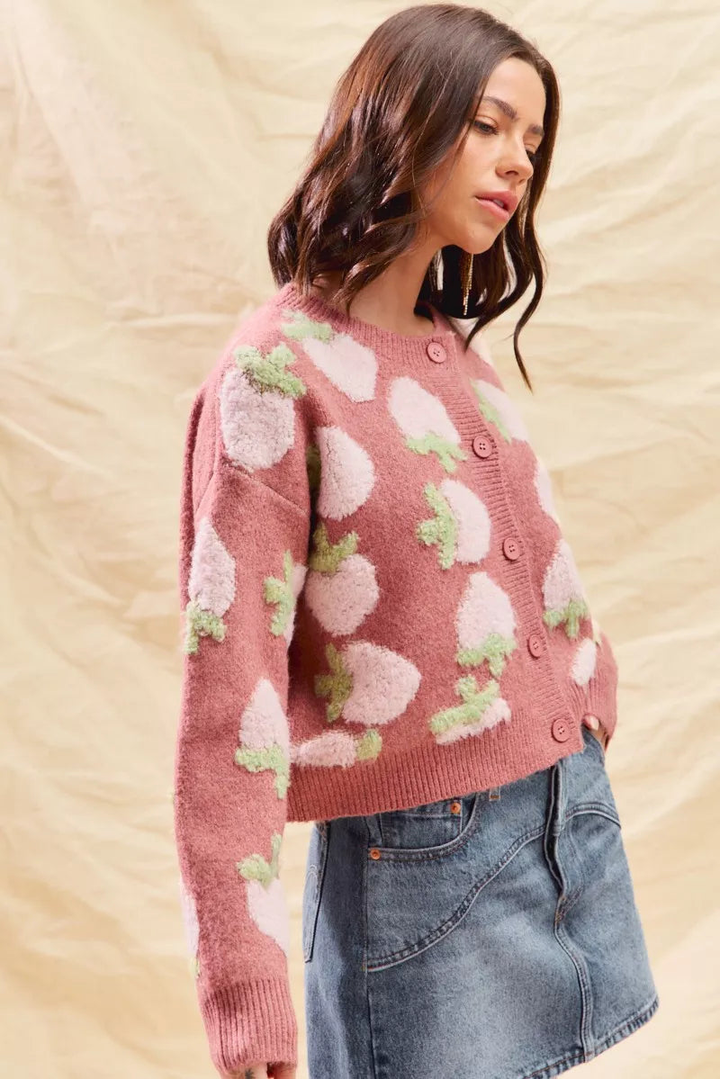 SO ME Strawberry Fruit All Over Button Sweater Cardigan-Cardigan-Trendsi-[option4]-[option5]-[option6]-[option7]-[option8]-Shop-Boutique-Clothing-for-Women-Online