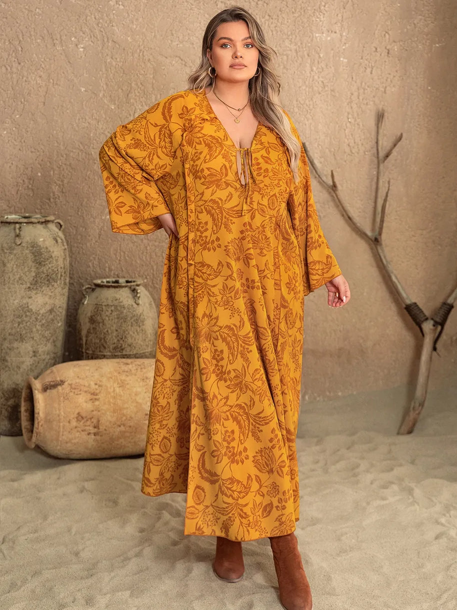 Plus Size Printed Slit Long Sleeve Dress-Dresses-Trendsi-Tangerine-0XL-[option4]-[option5]-[option6]-[option7]-[option8]-Shop-Boutique-Clothing-for-Women-Online