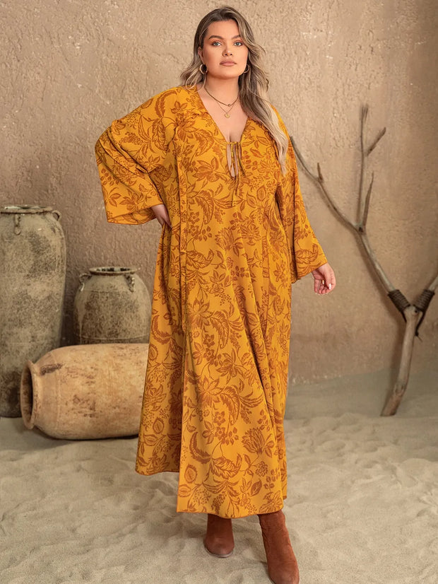 Plus Size Printed Slit Long Sleeve Dress-Dresses-Trendsi-Tangerine-0XL-[option4]-[option5]-[option6]-[option7]-[option8]-Shop-Boutique-Clothing-for-Women-Online