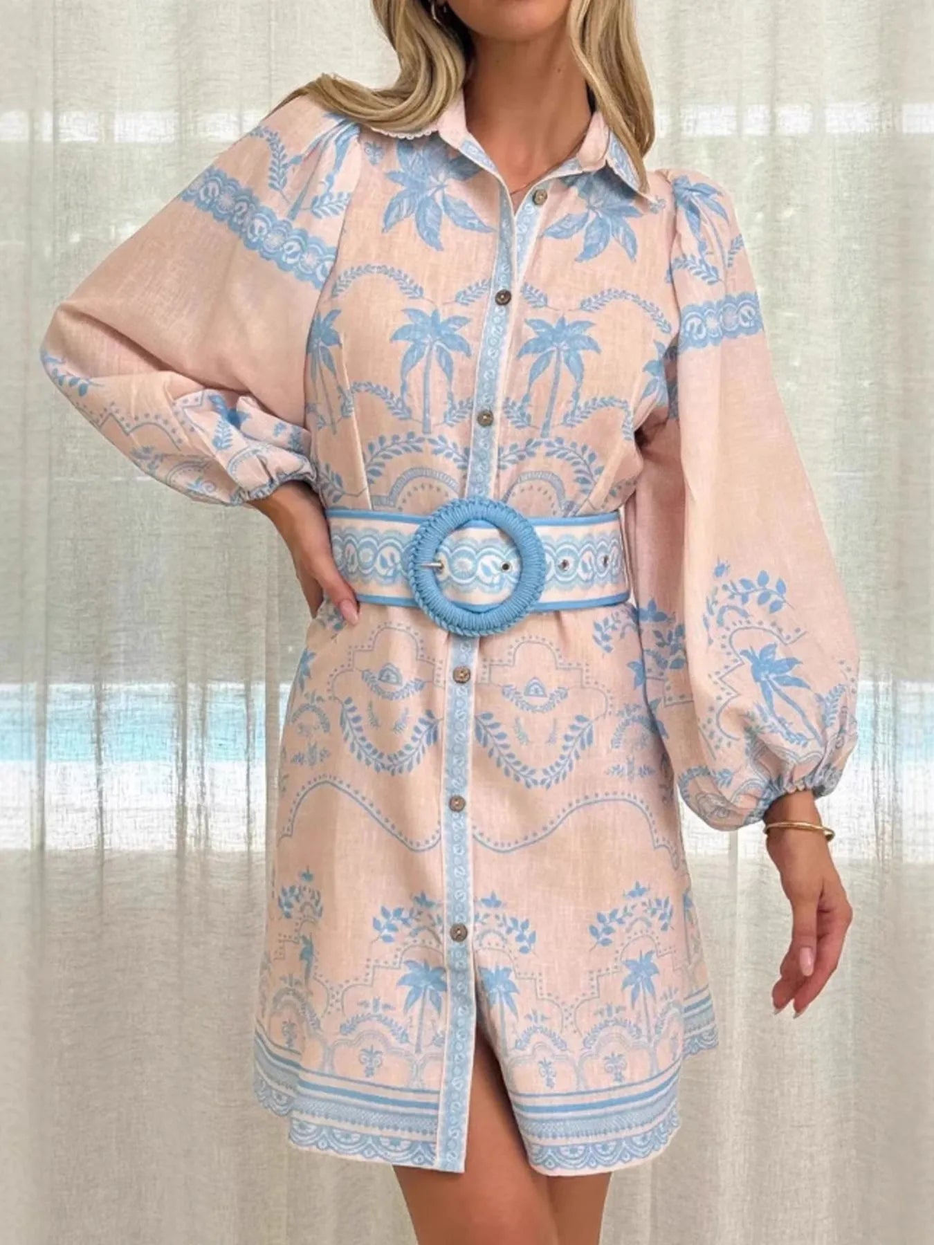 Printed Button Down Shirt Dress with Belt-Dresses-Trendsi-Blue-S-[option4]-[option5]-[option6]-[option7]-[option8]-Shop-Boutique-Clothing-for-Women-Online