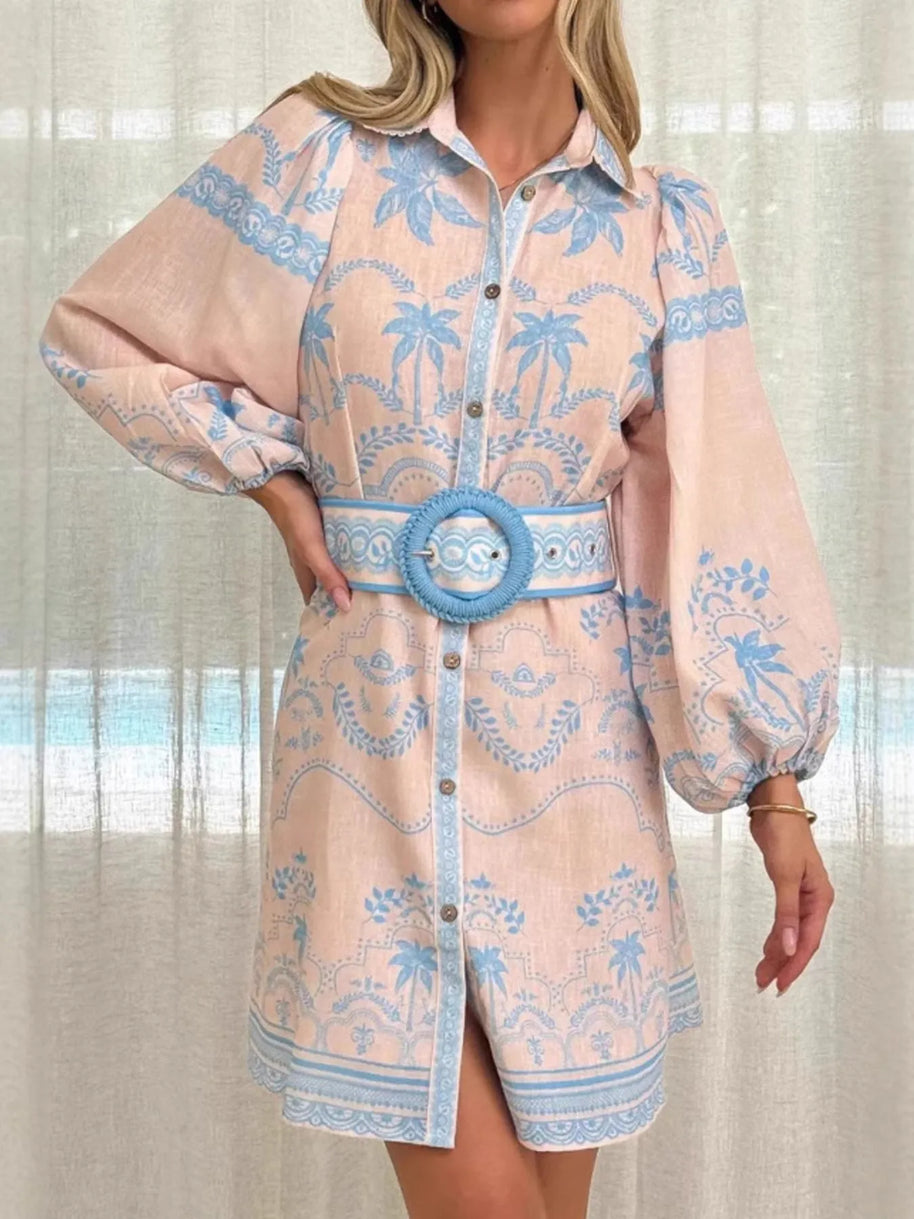 Printed Button Down Shirt Dress with Belt-Dresses-Trendsi-Blue-S-[option4]-[option5]-[option6]-[option7]-[option8]-Shop-Boutique-Clothing-for-Women-Online