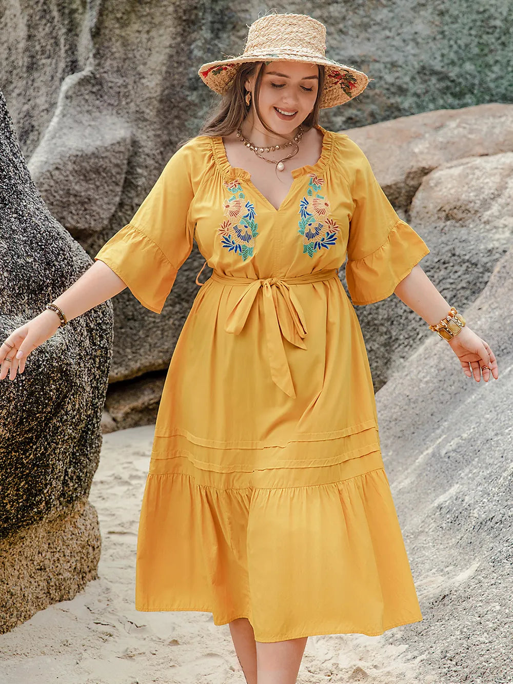 Plus Size Notched Tie Waist Half Sleeve Midi Dress-Dresses-Trendsi-[option4]-[option5]-[option6]-[option7]-[option8]-Shop-Boutique-Clothing-for-Women-Online