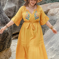 Plus Size Notched Tie Waist Half Sleeve Midi Dress-Dresses-Trendsi-[option4]-[option5]-[option6]-[option7]-[option8]-Shop-Boutique-Clothing-for-Women-Online