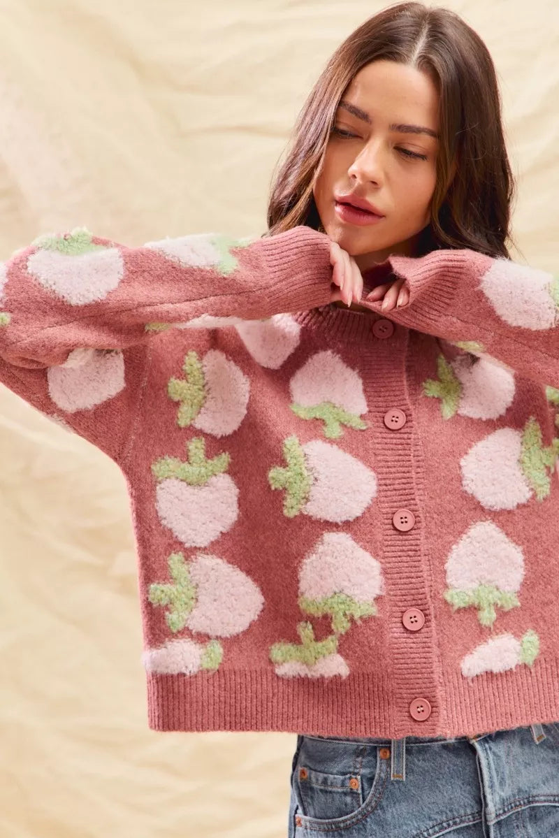 SO ME Strawberry Fruit All Over Button Sweater Cardigan-Cardigan-Trendsi-[option4]-[option5]-[option6]-[option7]-[option8]-Shop-Boutique-Clothing-for-Women-Online