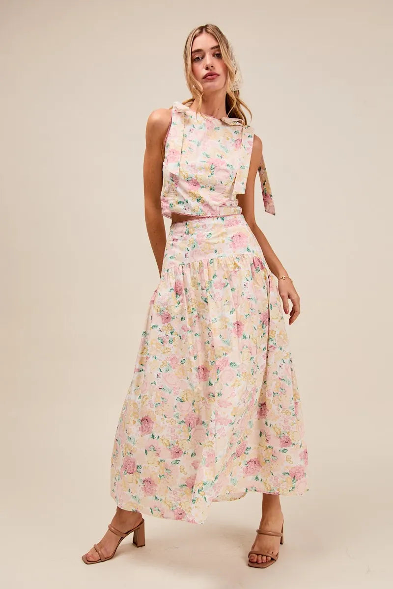 SO ME Floral Printed Woven Shoulder Bow Tie Top and Skirt Set-Dresses-Trendsi-FLORAL-S-[option4]-[option5]-[option6]-[option7]-[option8]-Shop-Boutique-Clothing-for-Women-Online