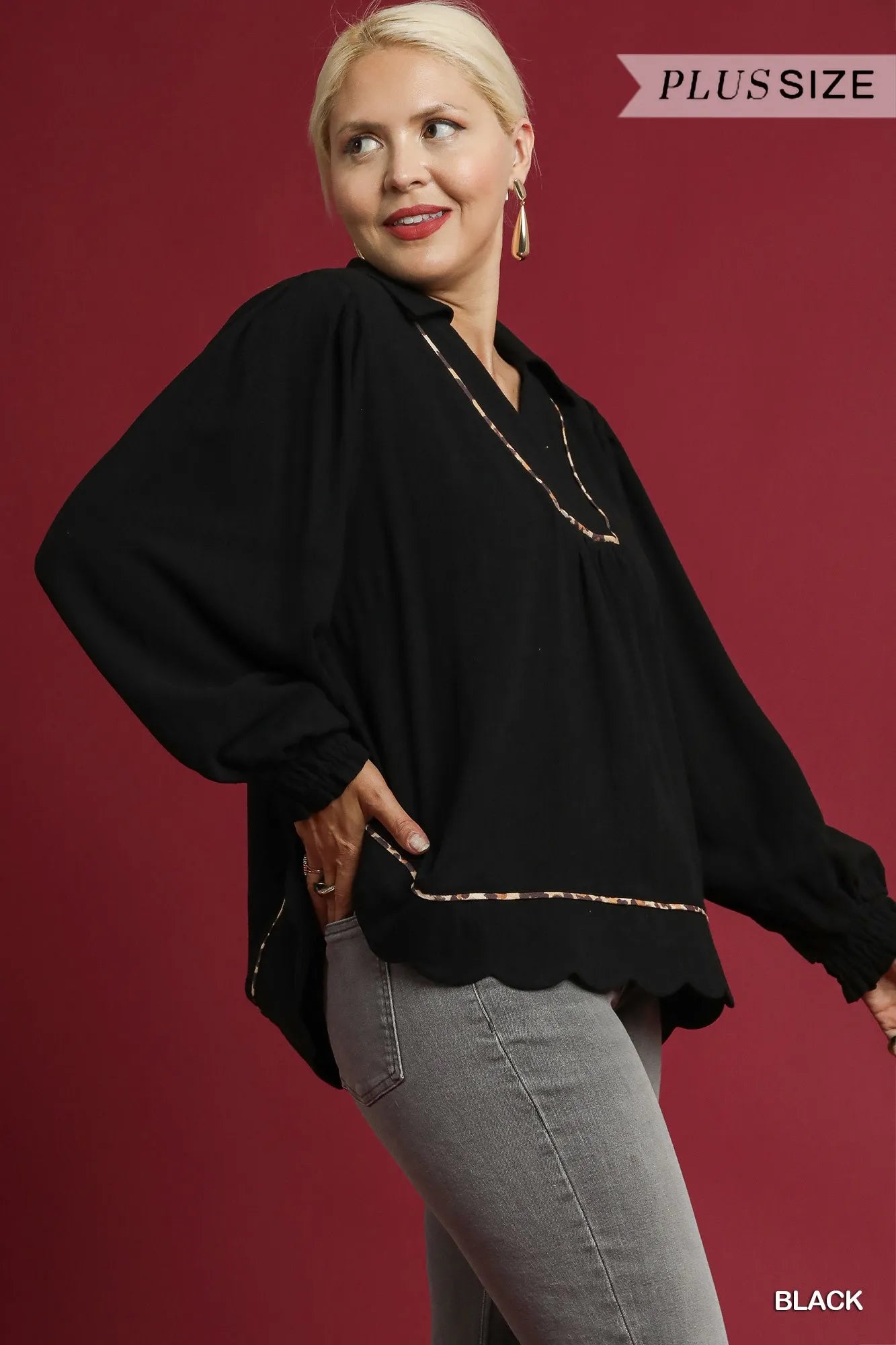 Linen Scallop Hem Blouse with Contrast Trim-Blouses-Trendsi-[option4]-[option5]-[option6]-[option7]-[option8]-Shop-Boutique-Clothing-for-Women-Online