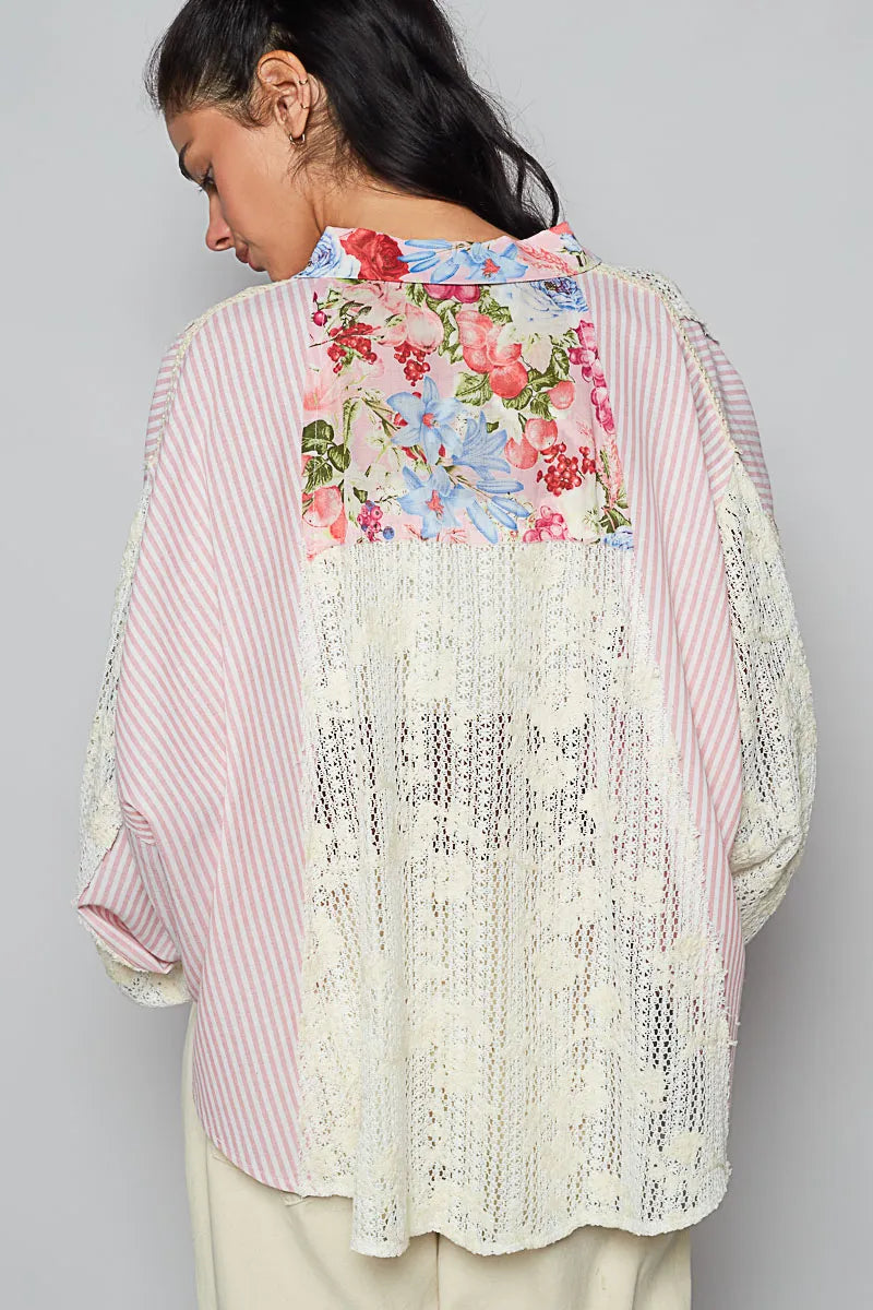 POL Lace Long Sleeve Shirt with Floral and Striped Pattern-Shirts-Trendsi-[option4]-[option5]-[option6]-[option7]-[option8]-Shop-Boutique-Clothing-for-Women-Online
