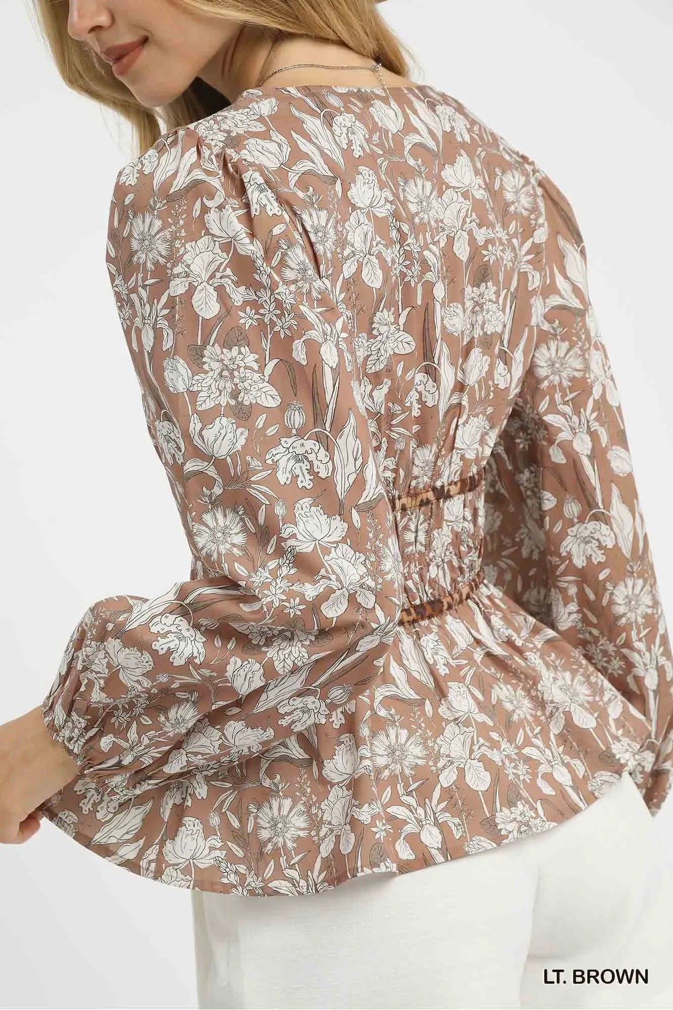 Umgee Floral Smocked Peplum Blouse with Tie Detail-Blouses-Trendsi-[option4]-[option5]-[option6]-[option7]-[option8]-Shop-Boutique-Clothing-for-Women-Online