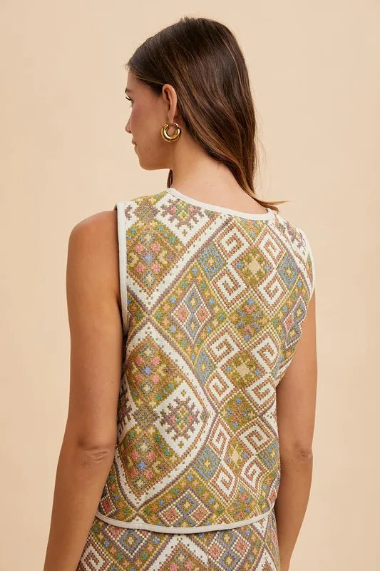Annie Wear Ethnic Woven Jacquard Tie Front Vest-Tops-Trendsi-[option4]-[option5]-[option6]-[option7]-[option8]-Shop-Boutique-Clothing-for-Women-Online