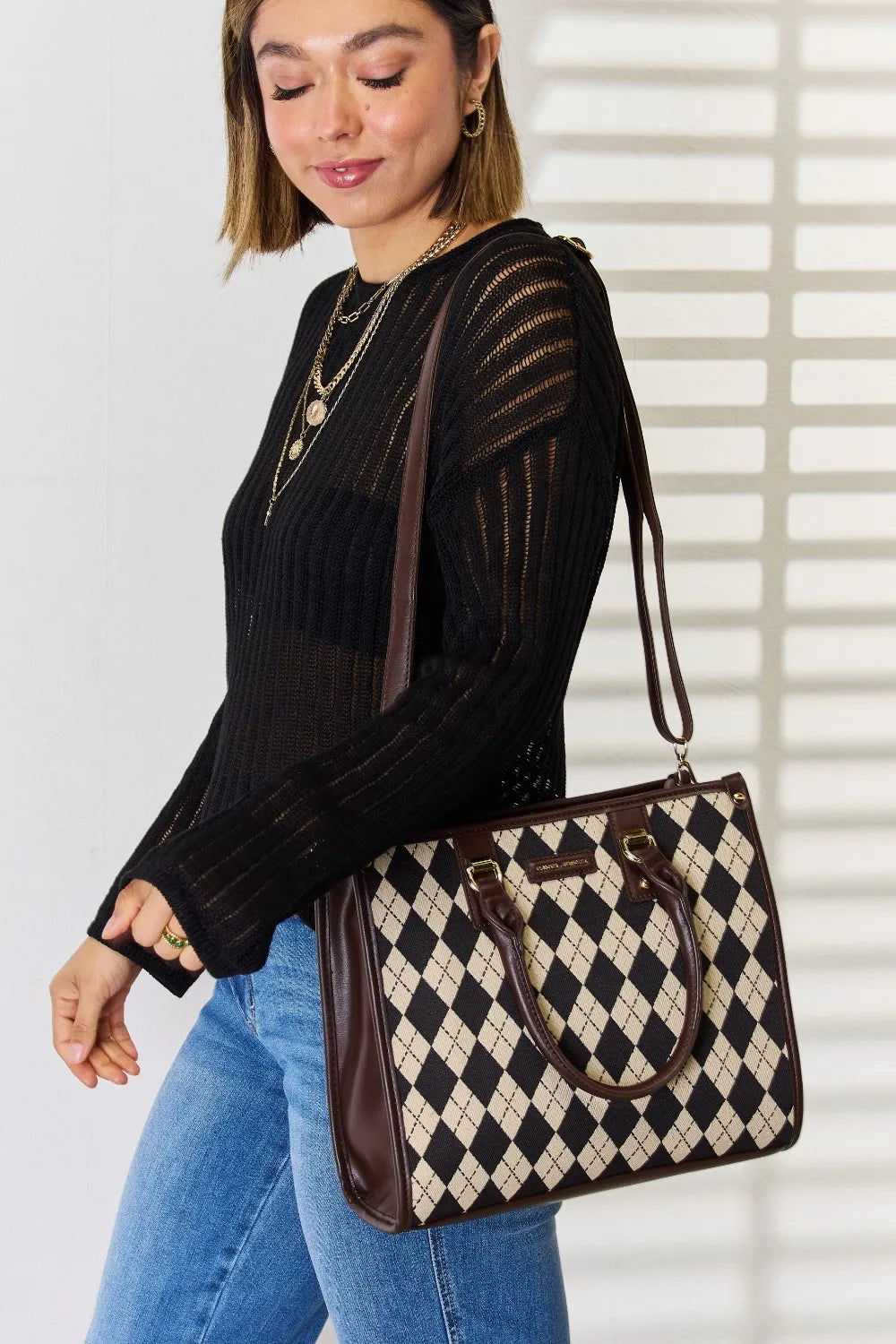 David Jones Argyle Pattern PU Leather Handbag-Bags-Trendsi-[option4]-[option5]-[option6]-[option7]-[option8]-Shop-Boutique-Clothing-for-Women-Online