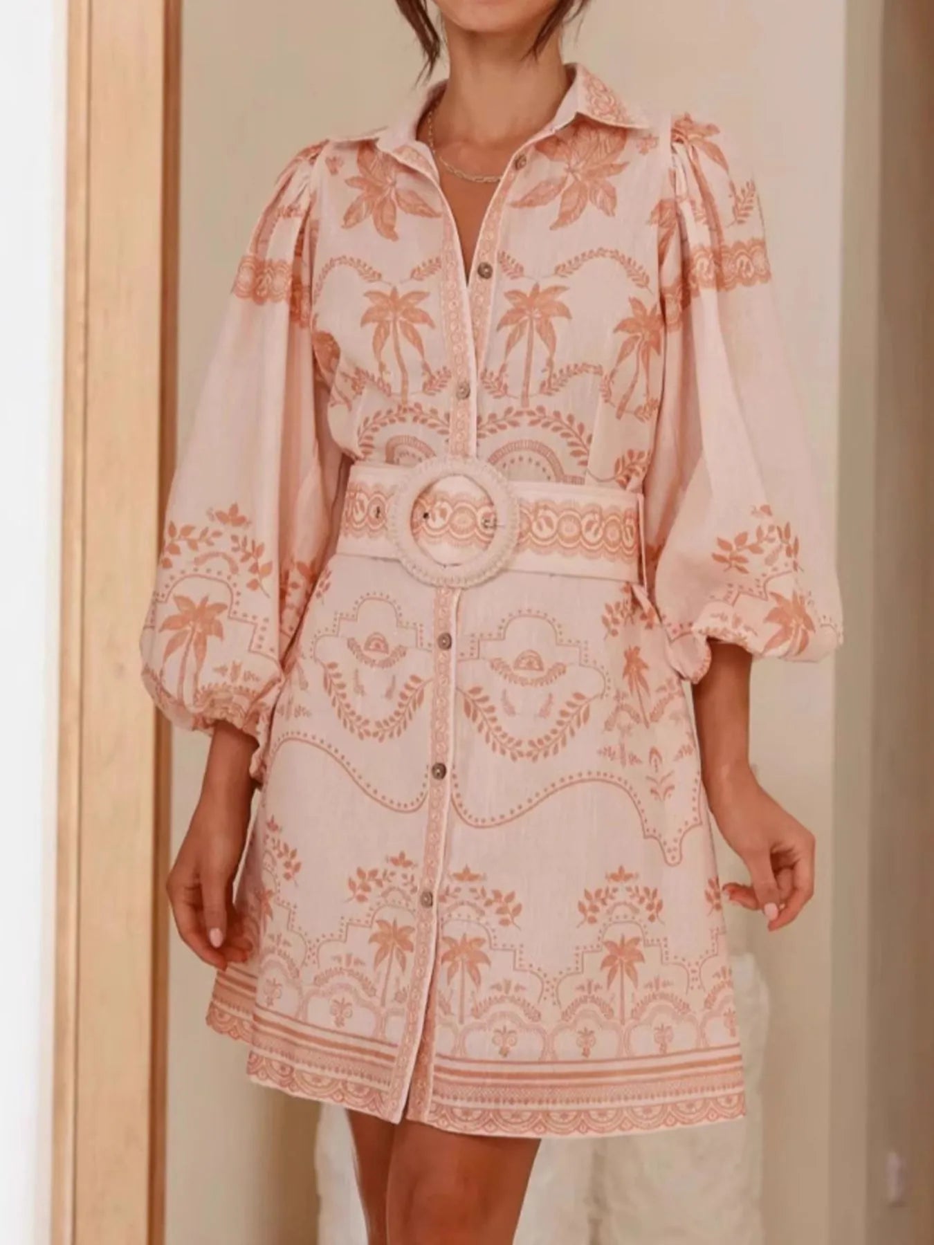 Printed Button Down Shirt Dress with Belt-Dresses-Trendsi-Pink-S-[option4]-[option5]-[option6]-[option7]-[option8]-Shop-Boutique-Clothing-for-Women-Online