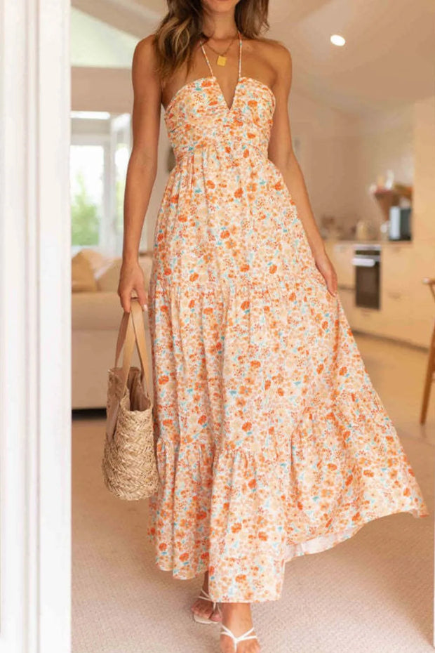 Tiered Halter Neck Printed Cami Dress-Dresses-Trendsi-Tangerine-S-[option4]-[option5]-[option6]-[option7]-[option8]-Shop-Boutique-Clothing-for-Women-Online