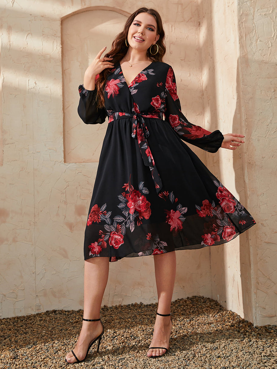 Honey Plus Size Floral Surplice Neck Tie Waist Dress-Dresses-Trendsi-Black-1XL-[option4]-[option5]-[option6]-[option7]-[option8]-Shop-Boutique-Clothing-for-Women-Online