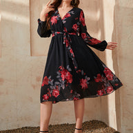 Honey Plus Size Floral Surplice Neck Tie Waist Dress-Dresses-Trendsi-Black-1XL-[option4]-[option5]-[option6]-[option7]-[option8]-Shop-Boutique-Clothing-for-Women-Online