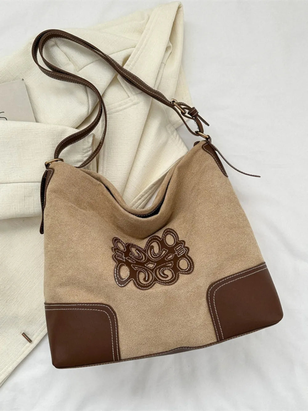 Suede Patch Adjustable Strap Tote Bag-Bags-Trendsi-Khaki-One Size-[option4]-[option5]-[option6]-[option7]-[option8]-Shop-Boutique-Clothing-for-Women-Online