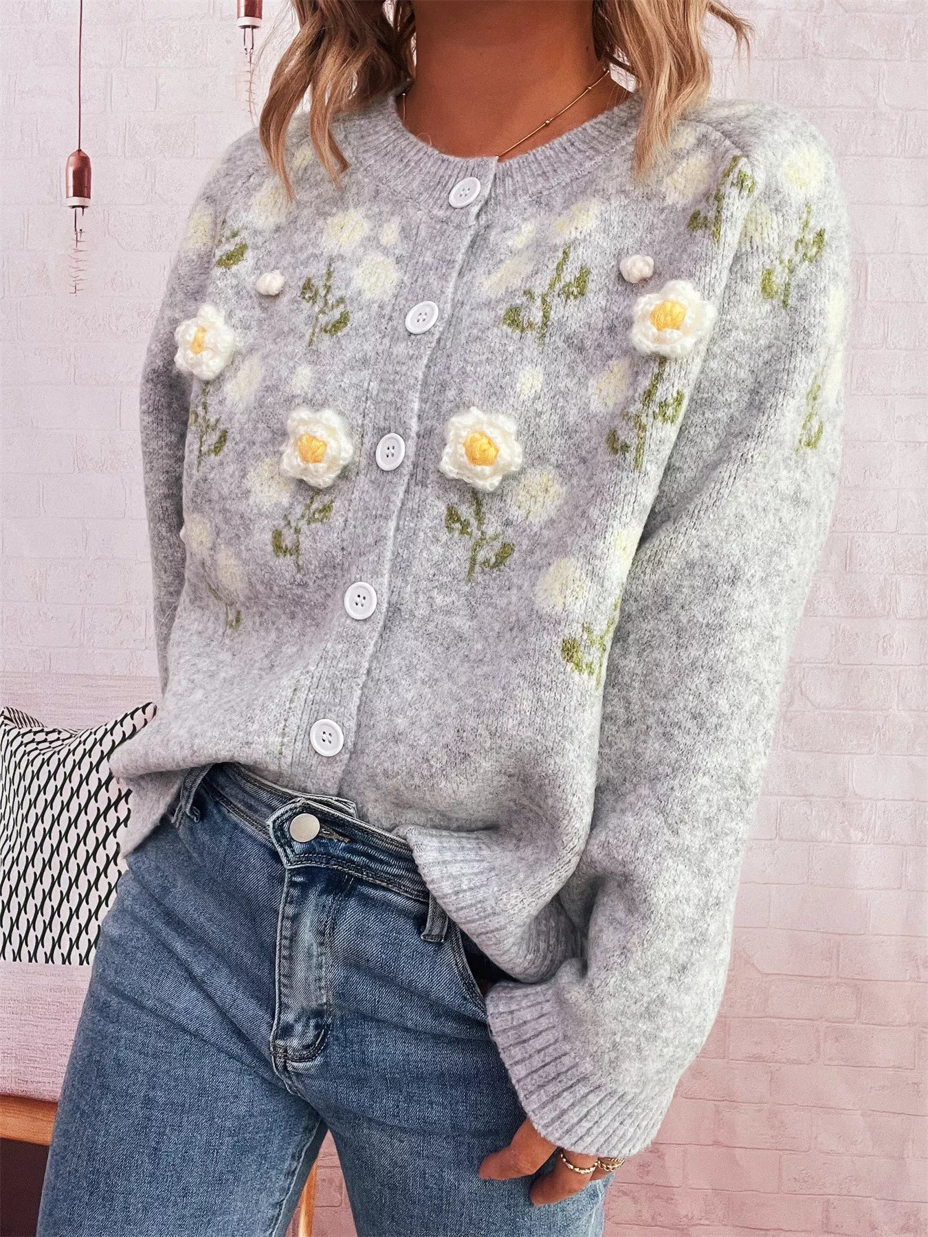 Flower Button Up Long Sleeve Cardigan-Cardigan-Trendsi-[option4]-[option5]-[option6]-[option7]-[option8]-Shop-Boutique-Clothing-for-Women-Online