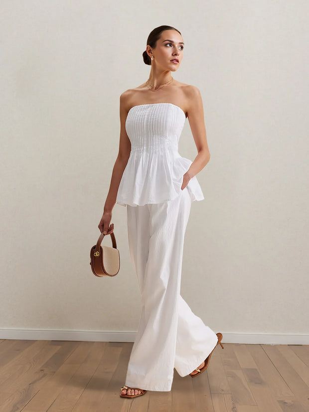 Strapless Peplum Top and Wide Leg Pants Set-Sets-Trendsi-White-S-[option4]-[option5]-[option6]-[option7]-[option8]-Shop-Boutique-Clothing-for-Women-Online