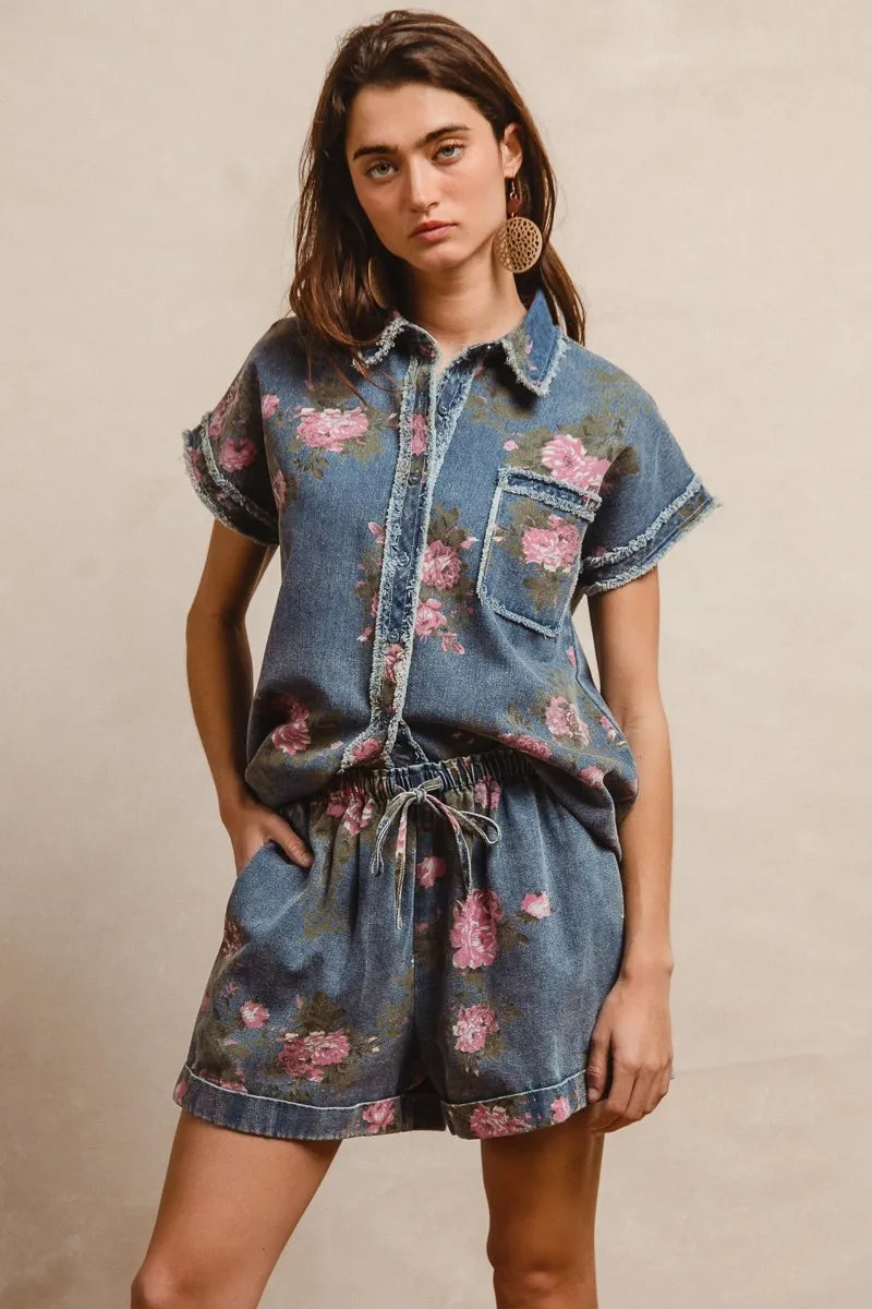 BiBi Floral Printed Denim Short Pants With Pocket-Shorts-Trendsi-[option4]-[option5]-[option6]-[option7]-[option8]-Shop-Boutique-Clothing-for-Women-Online