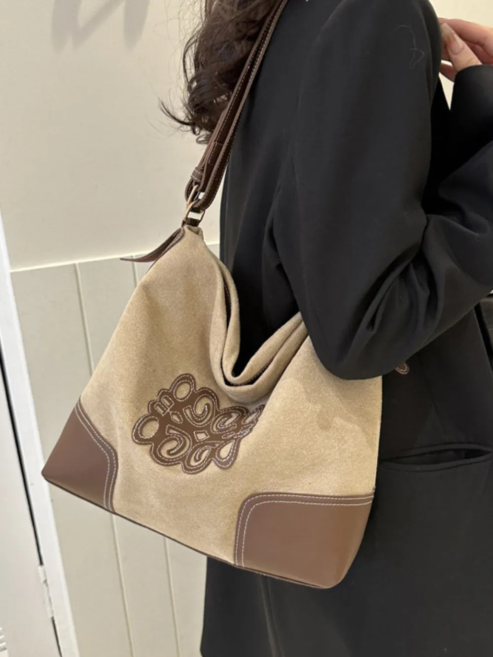 Suede Patch Adjustable Strap Tote Bag-Bags-Trendsi-[option4]-[option5]-[option6]-[option7]-[option8]-Shop-Boutique-Clothing-for-Women-Online