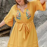 Plus Size Notched Tie Waist Half Sleeve Midi Dress-Dresses-Trendsi-[option4]-[option5]-[option6]-[option7]-[option8]-Shop-Boutique-Clothing-for-Women-Online