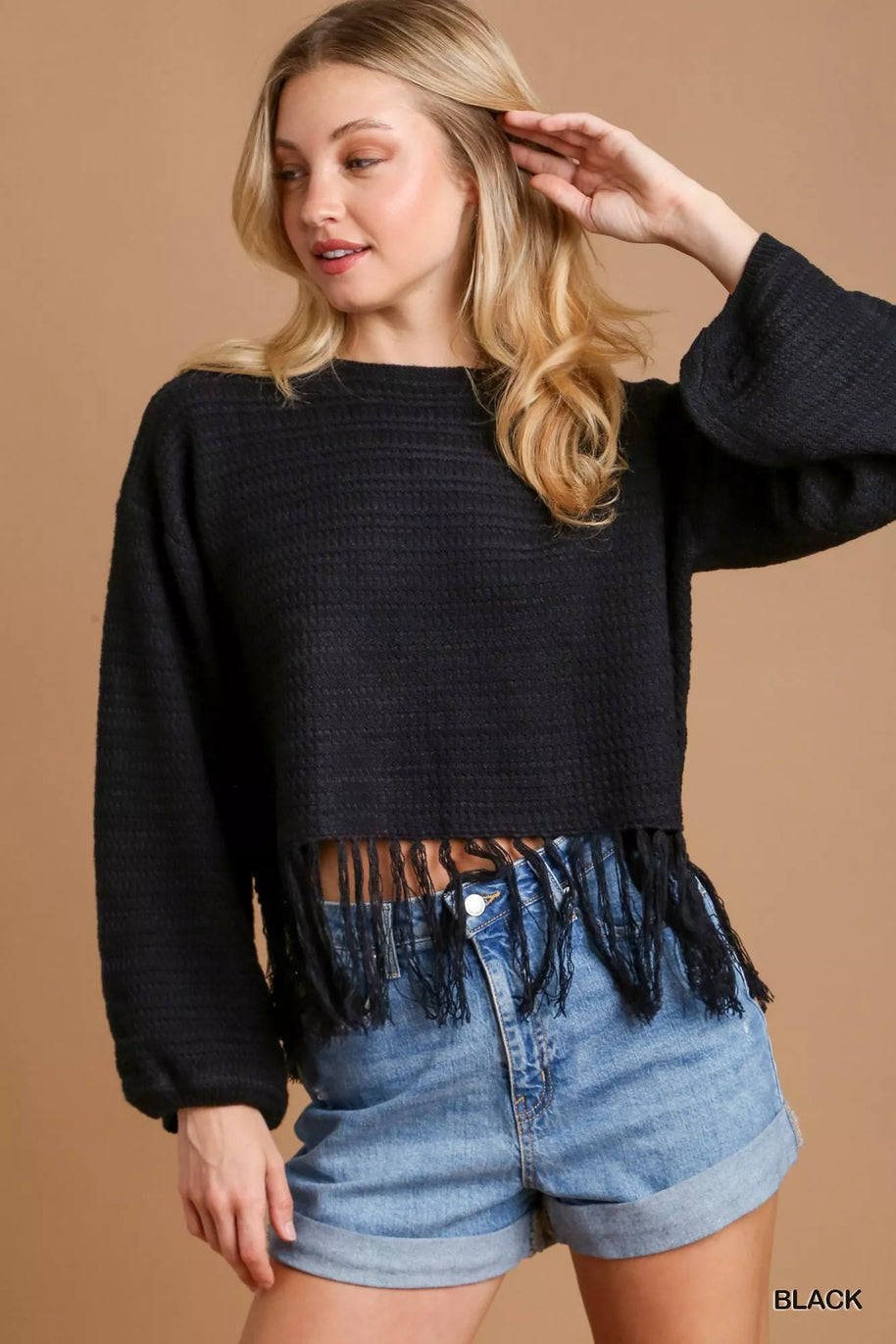 Umgee Crochet Knit Crop Top with Frey Hem-Sweaters-Trendsi-Black-S-[option4]-[option5]-[option6]-[option7]-[option8]-Shop-Boutique-Clothing-for-Women-Online