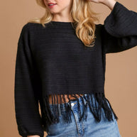 Umgee Crochet Knit Crop Top with Frey Hem-Sweaters-Trendsi-Black-S-[option4]-[option5]-[option6]-[option7]-[option8]-Shop-Boutique-Clothing-for-Women-Online